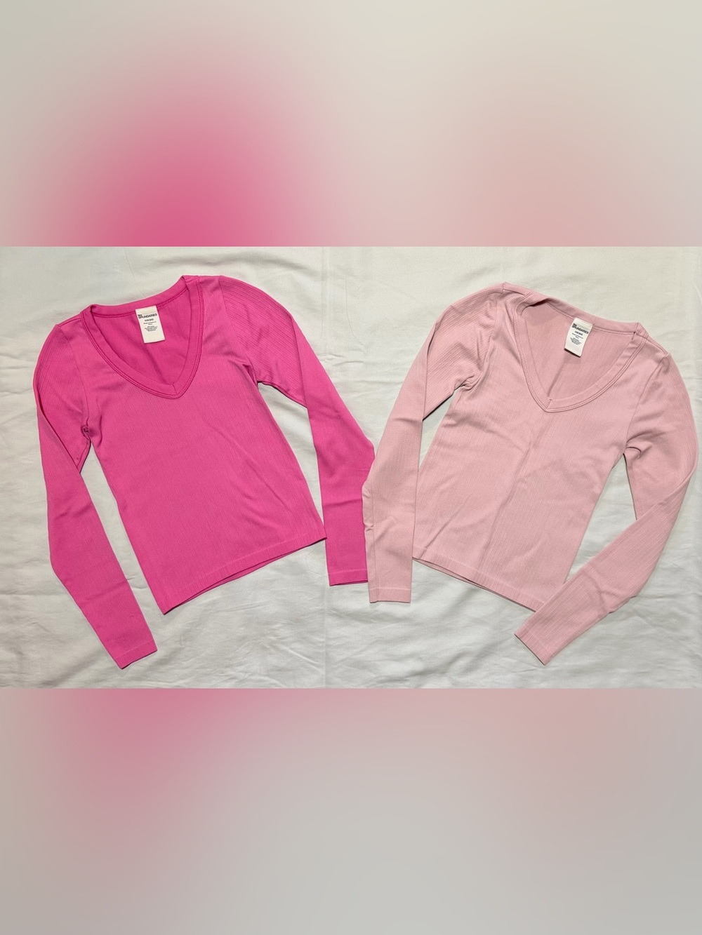 Bundle of 2 Pink Ribbed Long Sleeve Tops - Bright Pink & Dusty Pink XXS